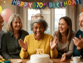 Happy 70th birthday celebration with senior friends enjoying cake and laughter — perfect inspiration for 70th birthday ideas