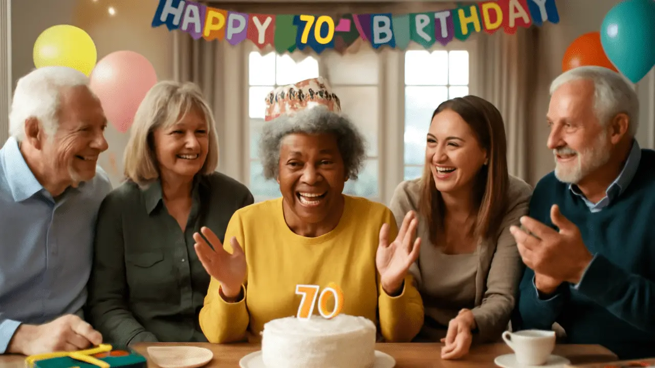 Happy 70th birthday celebration with senior friends enjoying cake and laughter — perfect inspiration for 70th birthday ideas