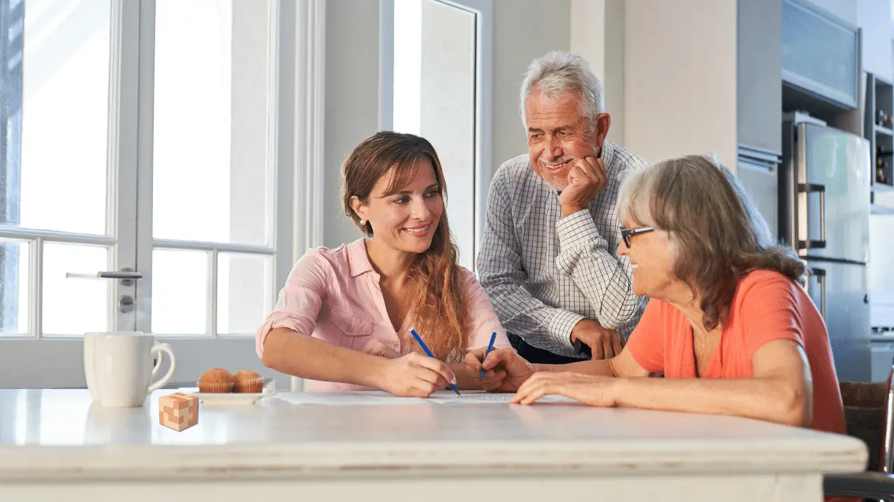 Seniors playing brain teasers puzzles with young girl