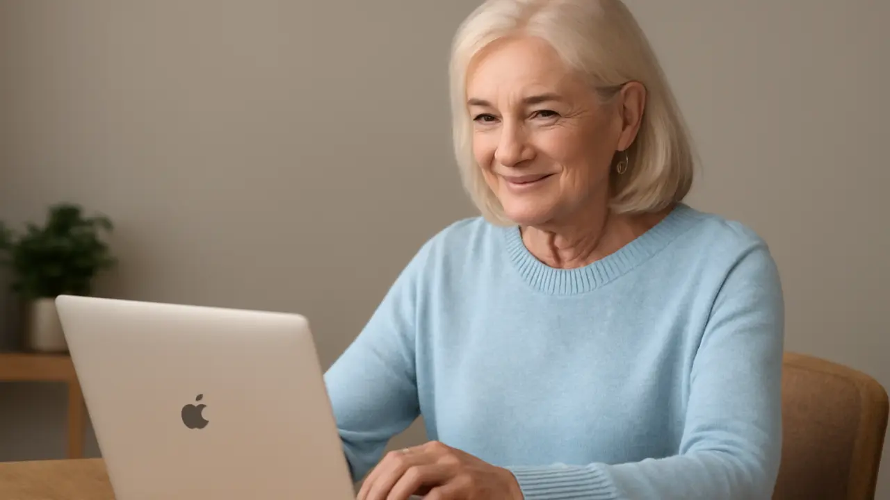 Senior woman using a laptop to explore free Optimum internet packages for seniors