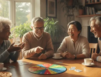 Four seniors enjoying a trivia game around a wooden table in a sunlit living room