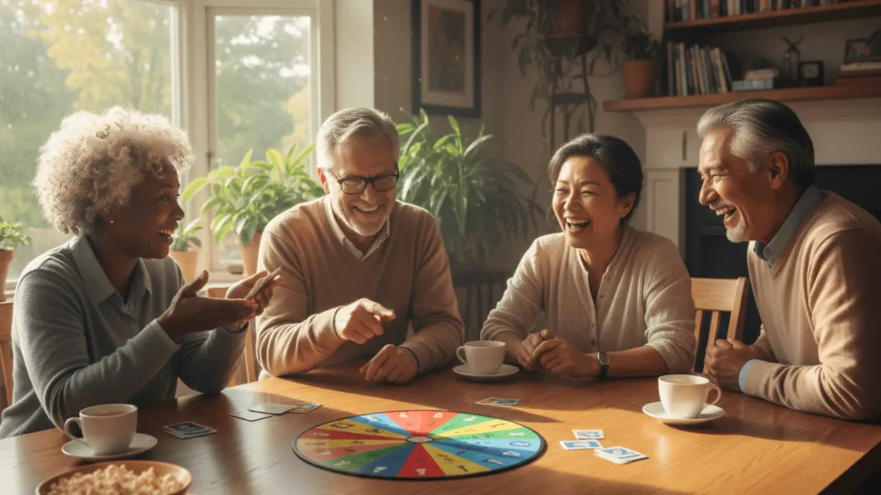 Four seniors enjoying a trivia game around a wooden table in a sunlit living room