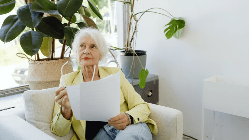 Senior woman sitting on a couch, reviewing a document with a thoughtful expression, symbolizing the process of applying for senior assistance programs.