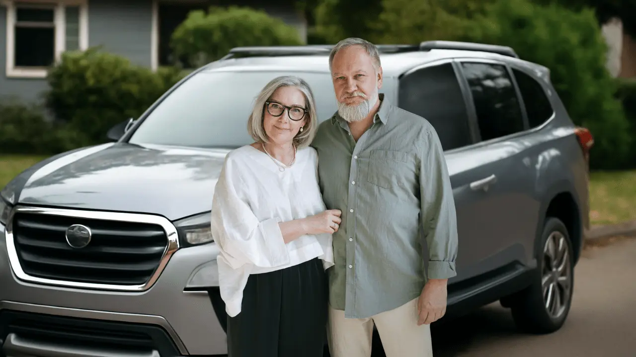 Senior couple standing in front of their silver SUV, representing the best SUV for seniors