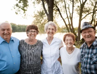 Group of seniors standing outdoors, showcasing diverse senior picture ideas with natural backgrounds