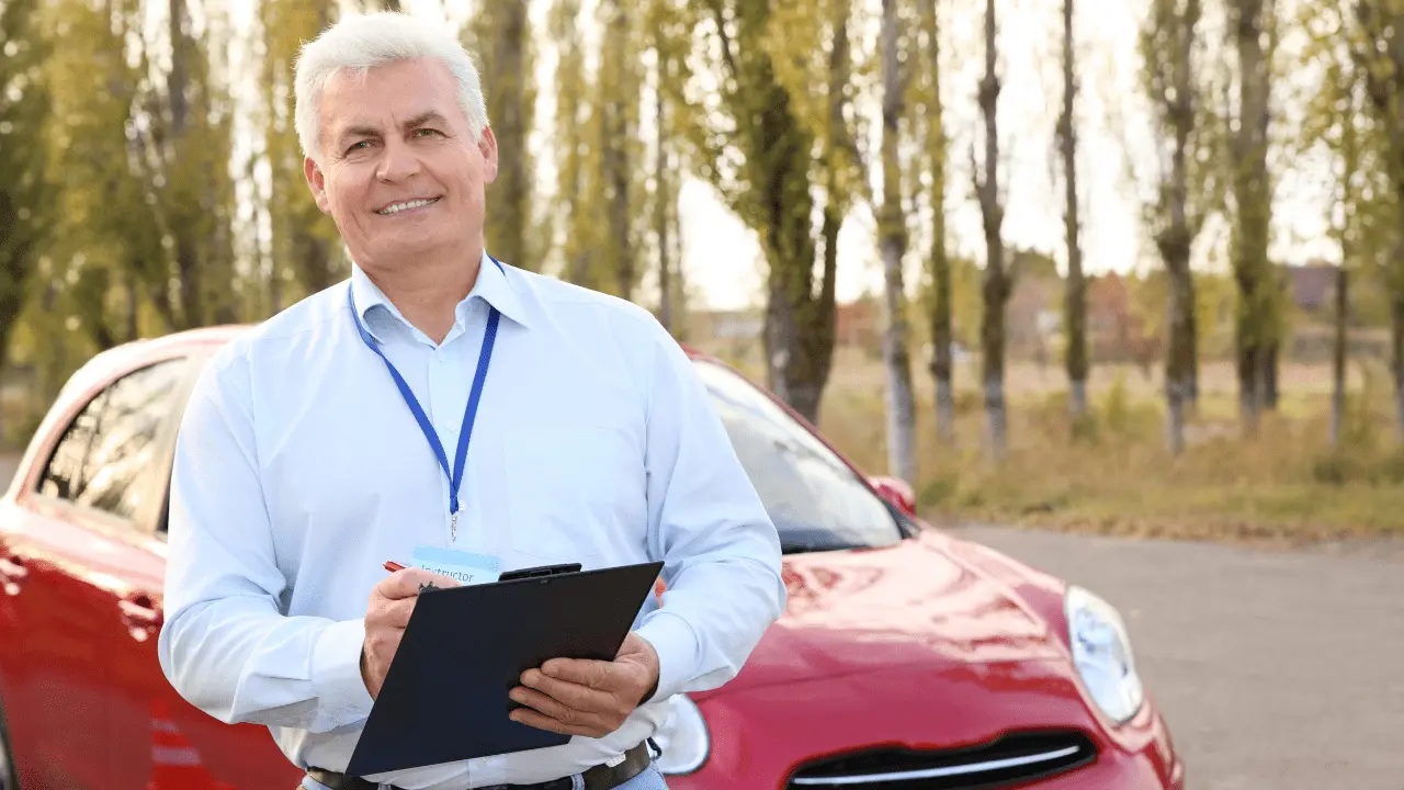 Senior driving instructor with clipboard, standing by a red car, illustrating new drivers license rules for seniors