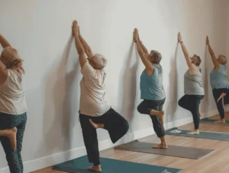 Seniors practicing wall yoga poses for improved balance, flexibility, and joint health