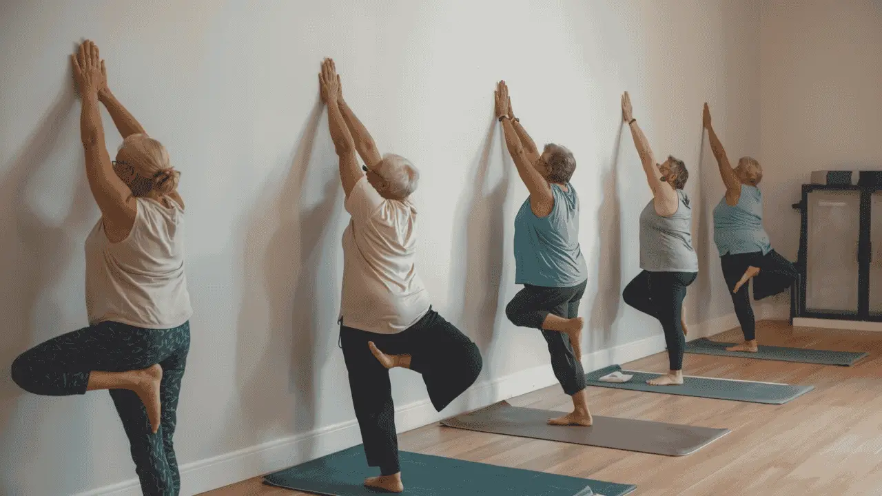 Seniors practicing wall yoga poses for improved balance, flexibility, and joint health
